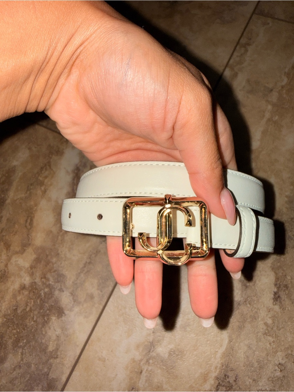 Jimmy Choo Ivory Leather Belt with Gold Logo Buckle